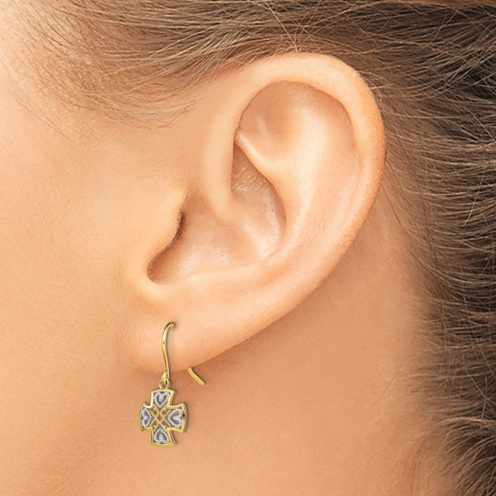 14K Yellow & Rhodium And Fancy Dangle Wire Earrings