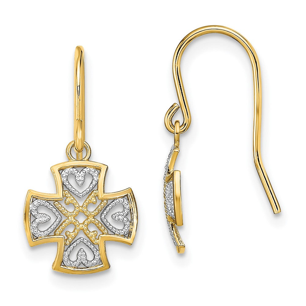 14K Yellow & Rhodium And Fancy Dangle Wire Earrings