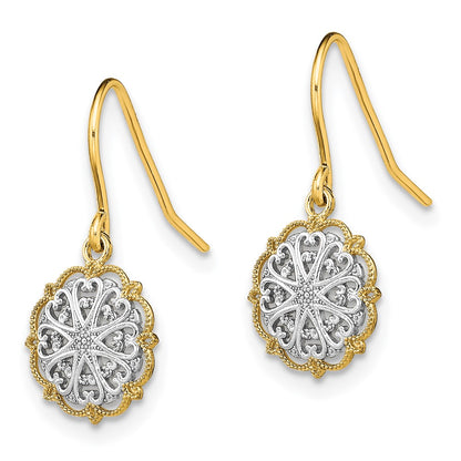 14K Yellow & Rhodium And Fancy Dangle Wire Earrings