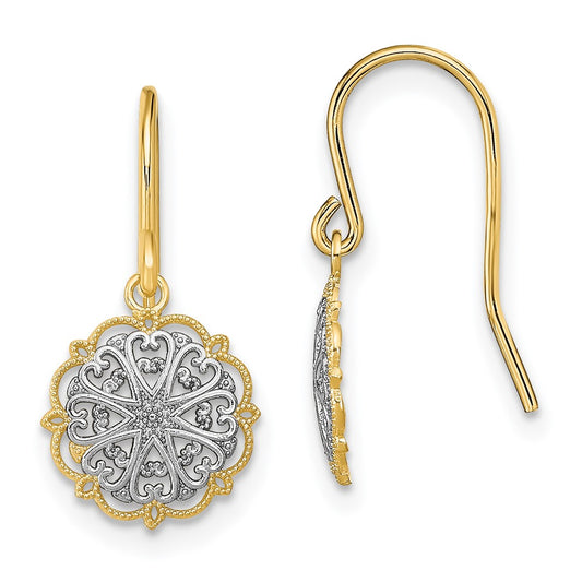 14K Yellow & Rhodium And Fancy Dangle Wire Earrings