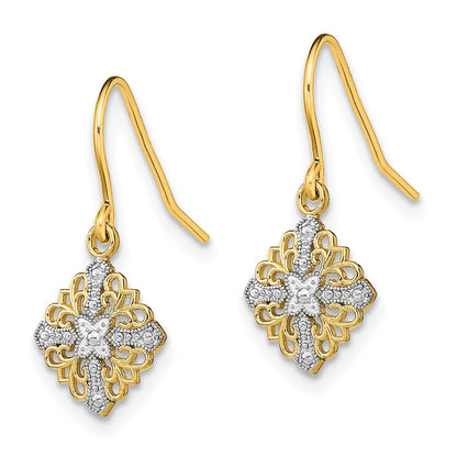 14K Yellow & Rhodium W/Rhodium Fancy Filigree Dangle Wire Earrings