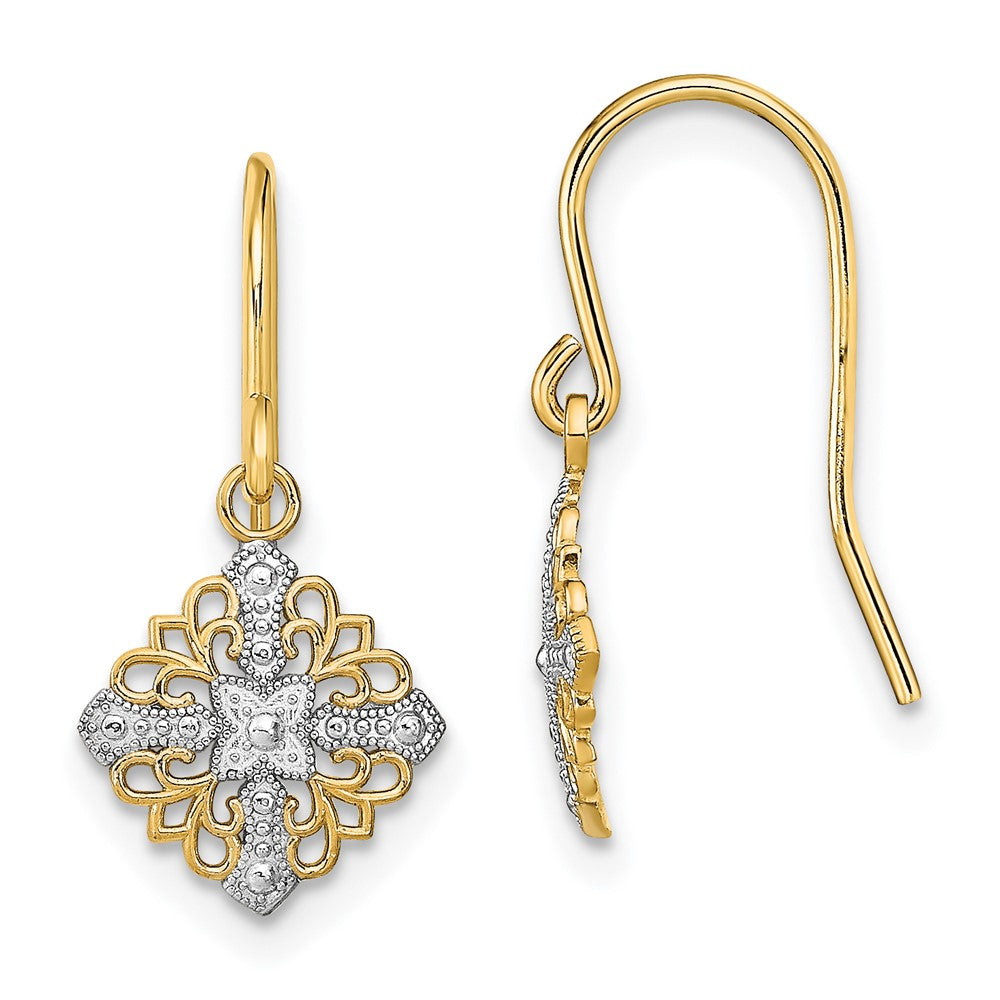 14K Yellow & Rhodium W/Rhodium Fancy Filigree Dangle Wire Earrings