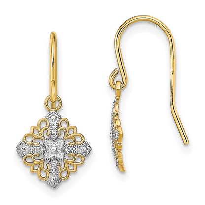 14K Yellow & Rhodium W/Rhodium Fancy Filigree Dangle Wire Earrings