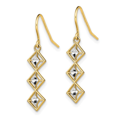 14K Yellow & Rhodium W/Rhodium Fancy Diamond-Cut Dangle Wire Earrings