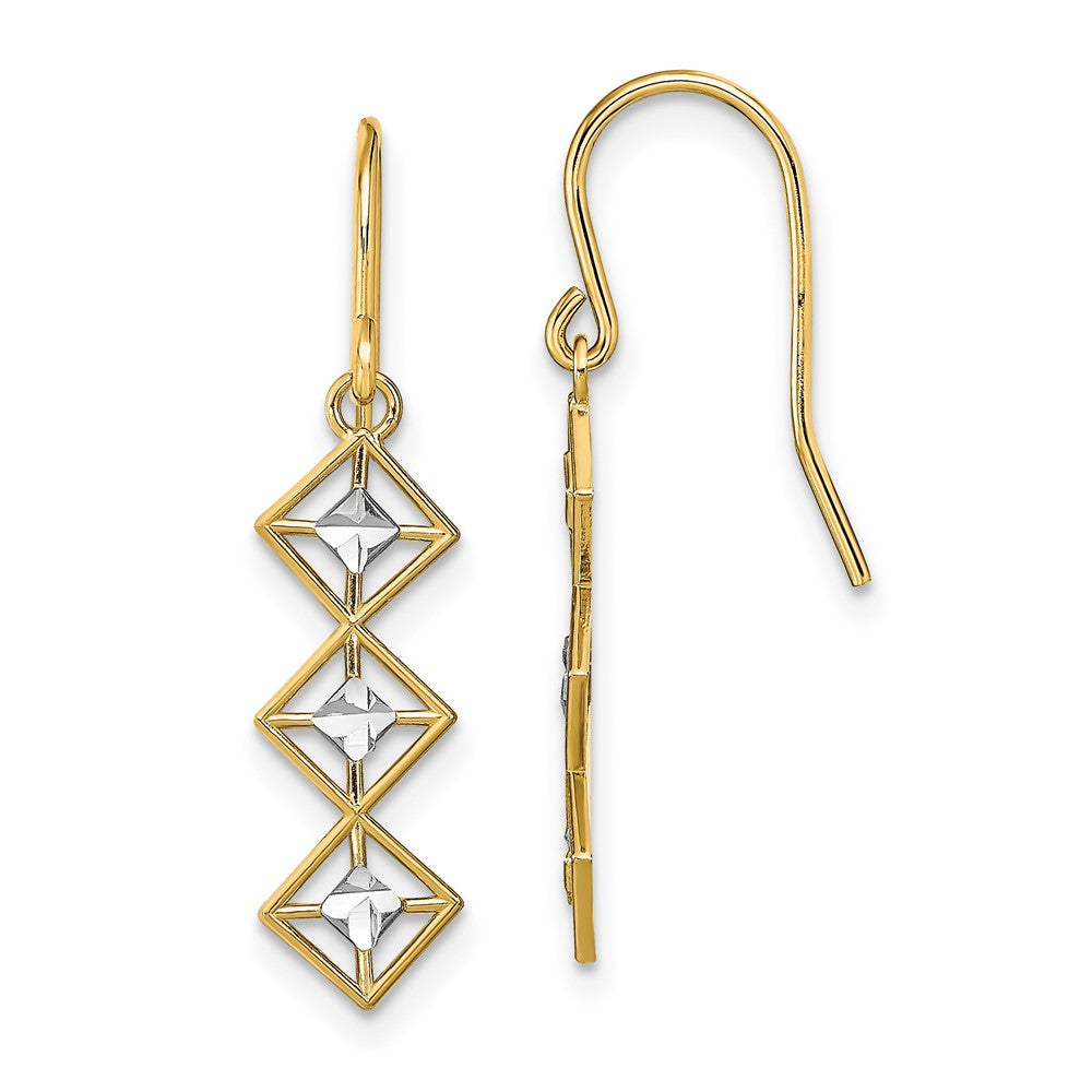 14K Yellow & Rhodium W/Rhodium Fancy Diamond-Cut Dangle Wire Earrings