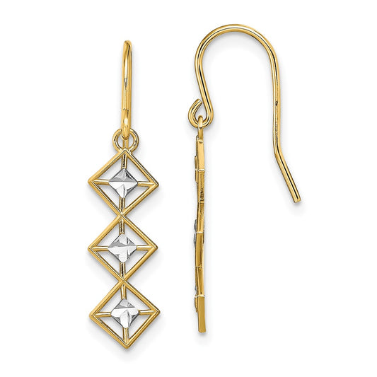 14K Yellow & Rhodium W/Rhodium Fancy Diamond-Cut Dangle Wire Earrings