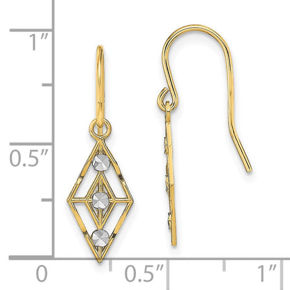 14K Yellow & Rhodium W/Rhodium Diamond-Cut Small Diamond Shape Wire Earrings