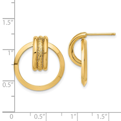 14K Yellow Gold Diamond-Cut Center Triple Wire In Circle Post Dangle Earrings