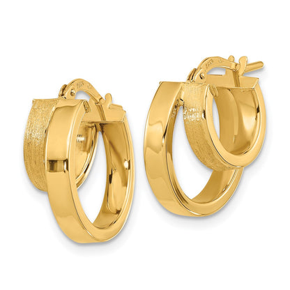 14K Yellow Gold Polished And Brushed Square Tube Double Hoop Earrings