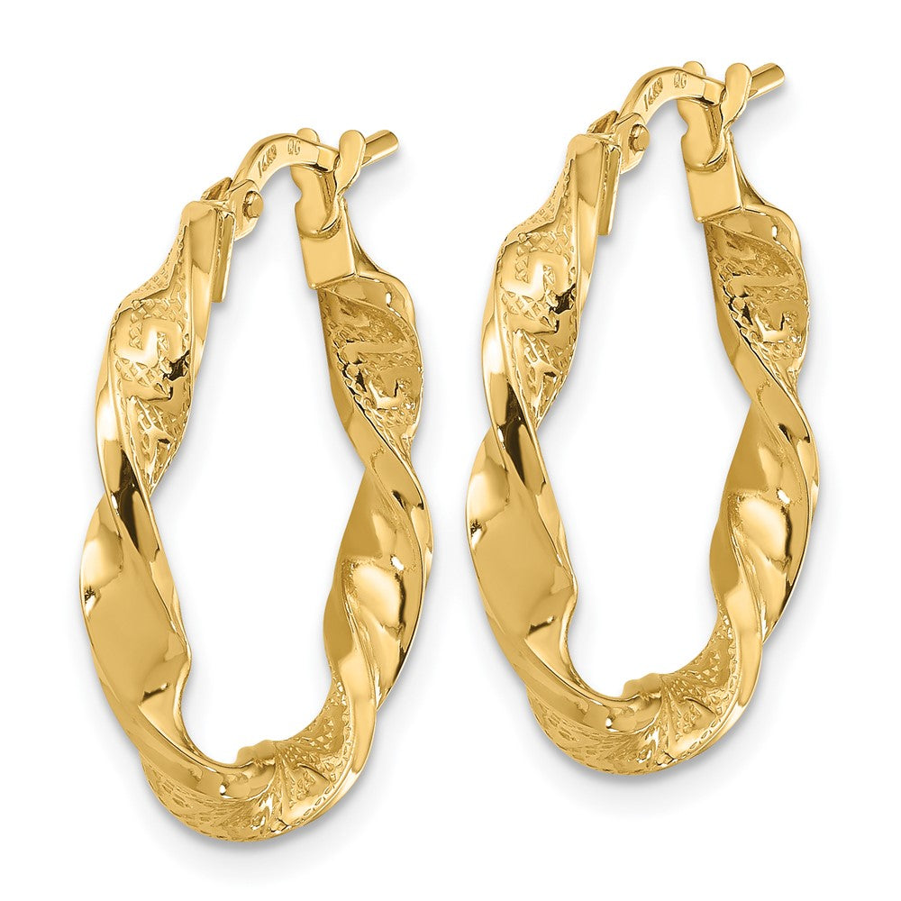 14K Yellow Gold Polished And Textured Twisted 3mm Hoop Earrings