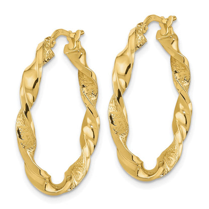 14K Yellow Gold Polished And Textured Twisted Hoop Earrings