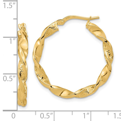 14K Yellow Gold Polished And Textured Twisted Hoop Earrings