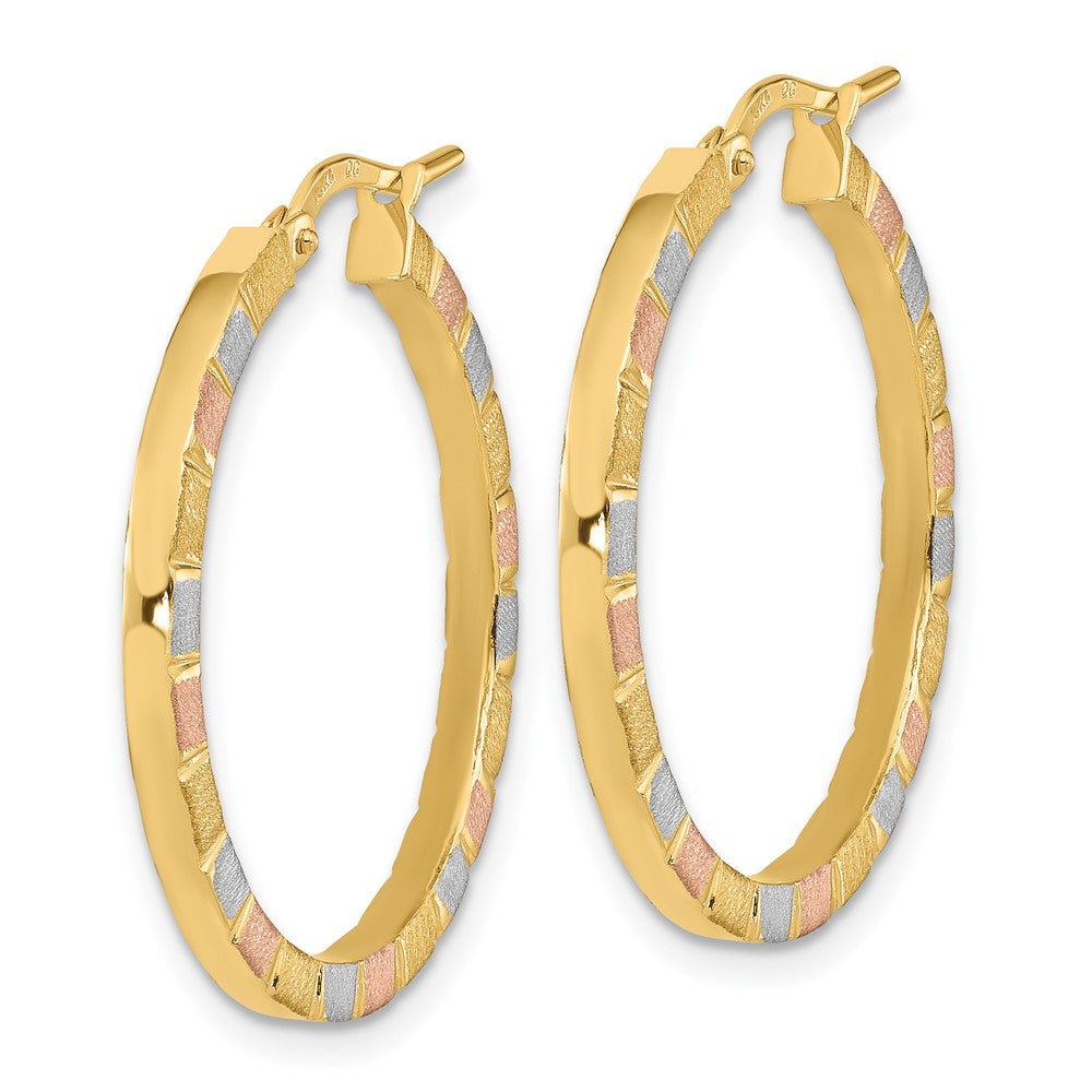14K Yellow & Rhodium W/White Rose Polished Satin Hoop Earrings