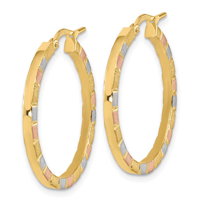 14K Yellow & Rhodium W/White Rose Polished Satin Hoop Earrings