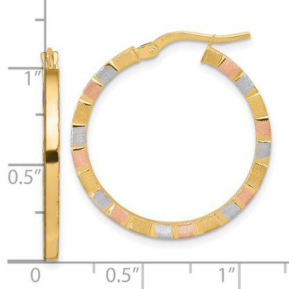 14K Yellow & Rhodium W/White Rose Polished Satin Hoop Earrings