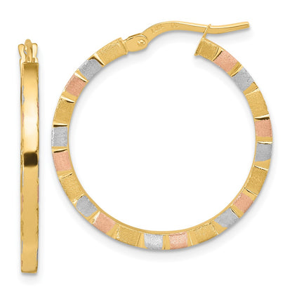 14K Yellow & Rhodium W/White Rose Polished Satin Hoop Earrings