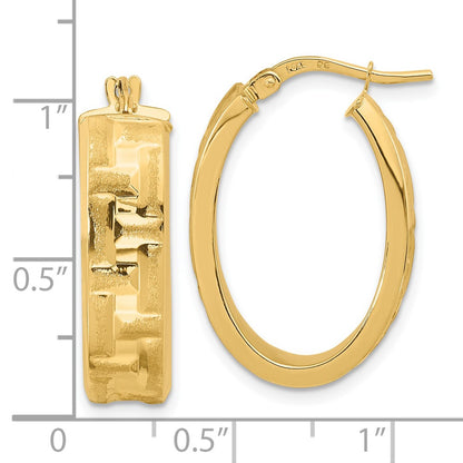 14K Yellow Gold Polished Textured Oval Hoop Earrings