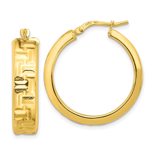 14K Yellow Gold Polished Textured Aztec Pattern Hoop Earrings