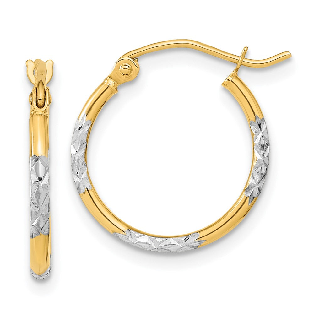 14K Yellow & Rhodium W/ White Diamond Cut Hoop Earrings