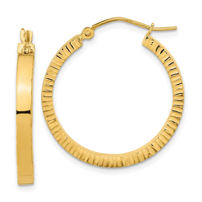 14K Yellow Gold Polished And Textured Sides Hoop Earrings