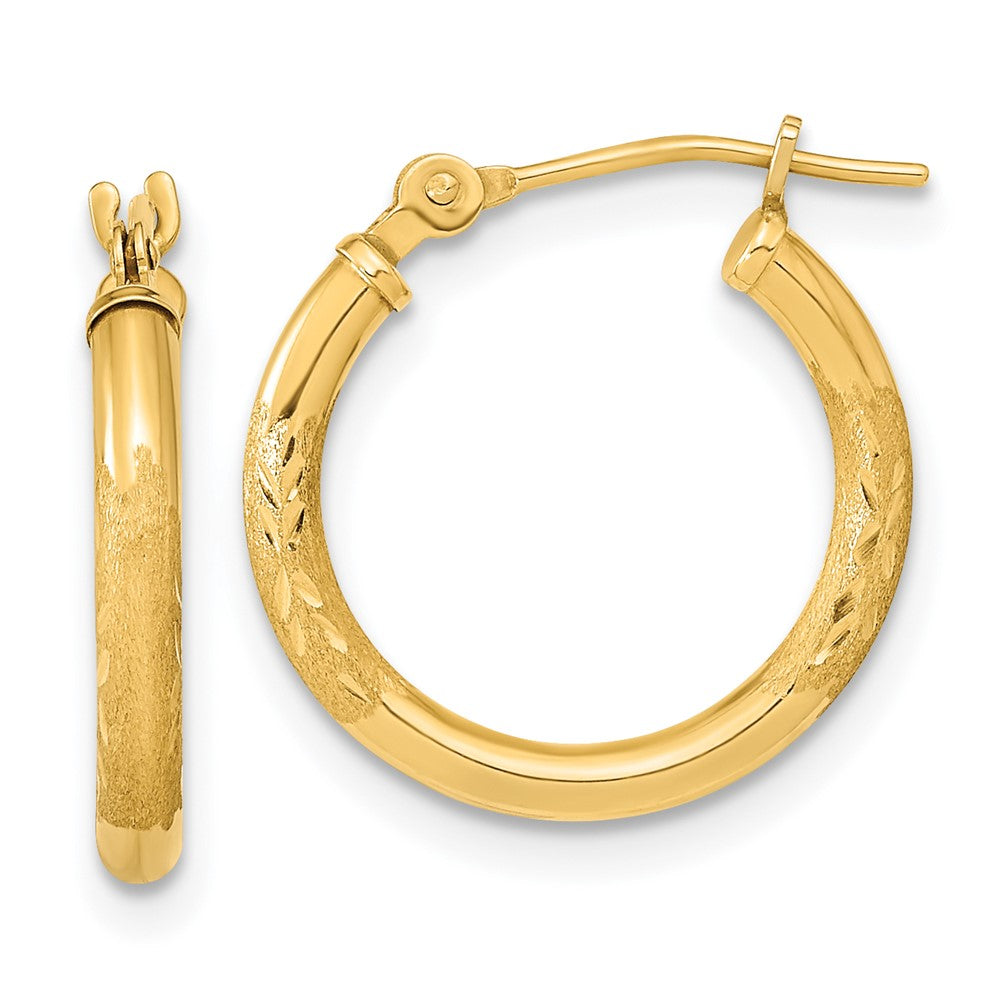 14K Yellow Gold Polished And Satin Diamond-Cut Hoop Earrings
