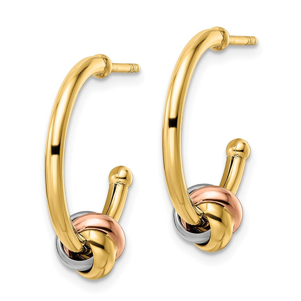 14K Two-Tone White And Rose Gold With Yellow Rhodium Knot J-Hoop Earrings
