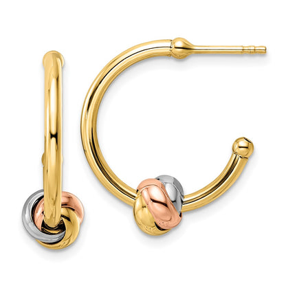14K Two-Tone White And Rose Gold With Yellow Rhodium Knot J-Hoop Earrings