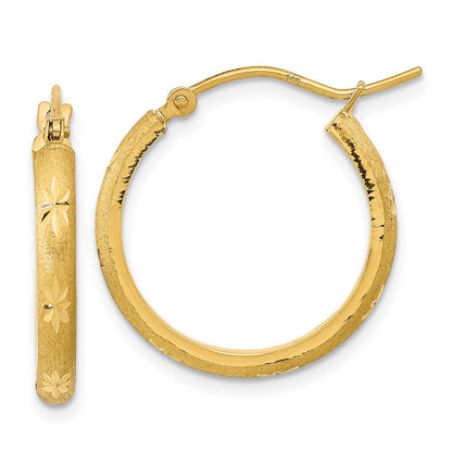 14K Yellow Gold Polished And Satin Diamond-Cut Hoop Earrings
