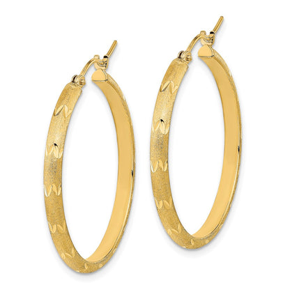 14K Yellow Gold Polished And Satin Diamond-Cut Hoop Earrings