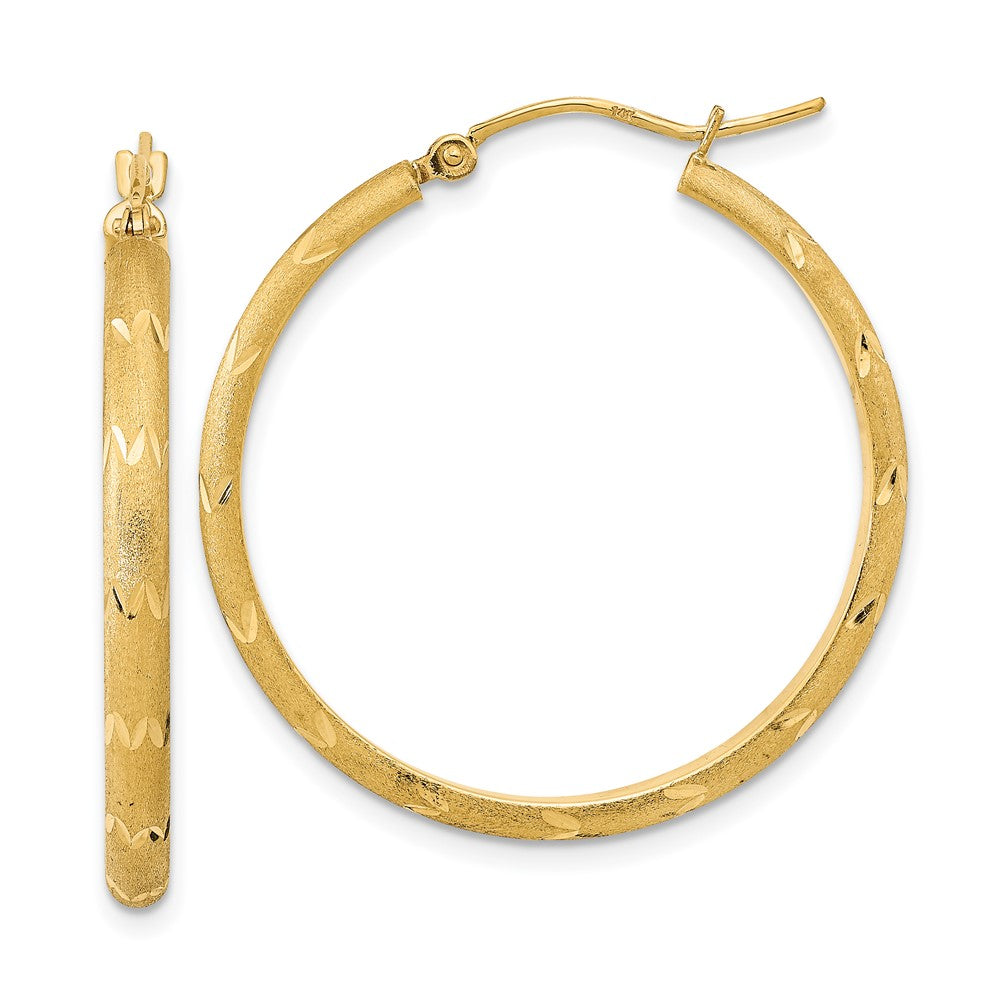 14K Yellow Gold Polished And Satin Diamond-Cut Hoop Earrings