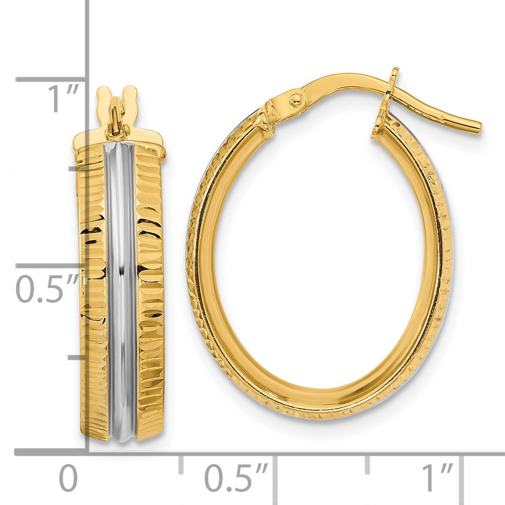 14K Yellow & Rhodium With White Center Polished Oval Hoop Earrings