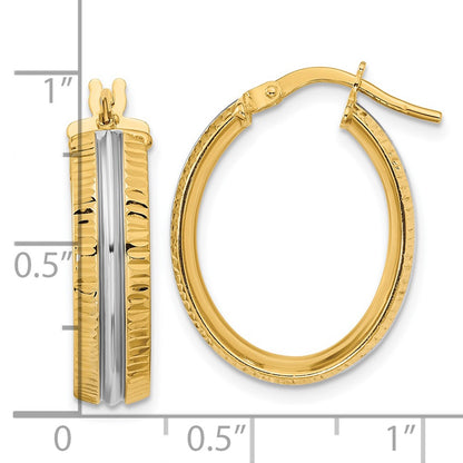 14K Yellow & Rhodium With White Center Polished Oval Hoop Earrings
