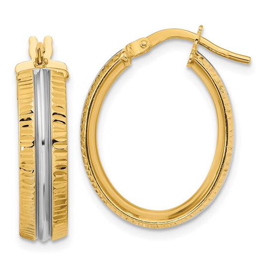 14K Yellow & Rhodium With White Center Polished Oval Hoop Earrings