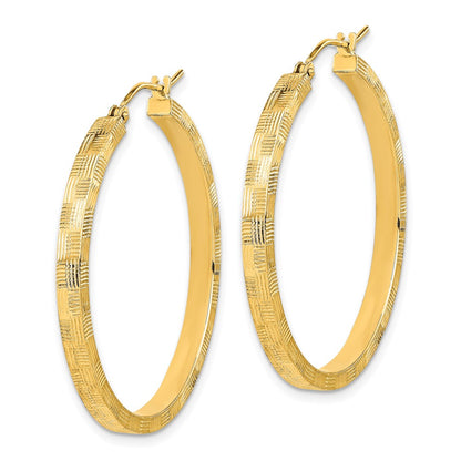 14K Yellow Gold Polished Textured Diamond-Cut Square Tube Hoop Earrings