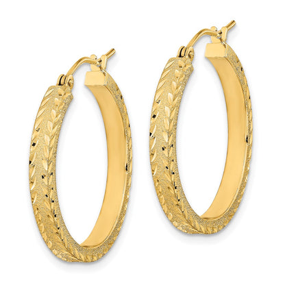 14K Yellow Gold Polished Satin Diamond-Cut Fancy Hoop Earrings