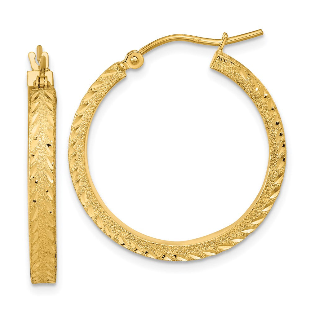 14K Yellow Gold Polished Satin Diamond-Cut Fancy Hoop Earrings