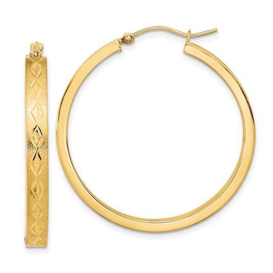 14K Yellow Gold Polished And Satin In Out Diamond-Cut Hoop Earrings