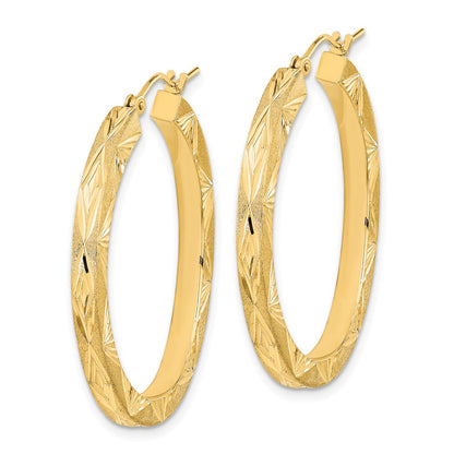 14K Yellow Gold Polished And Satin Diamond-Cut Hoop Earrings