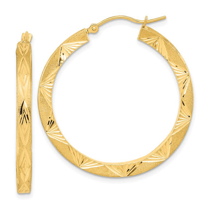 14K Yellow Gold Polished And Satin Diamond-Cut Hoop Earrings