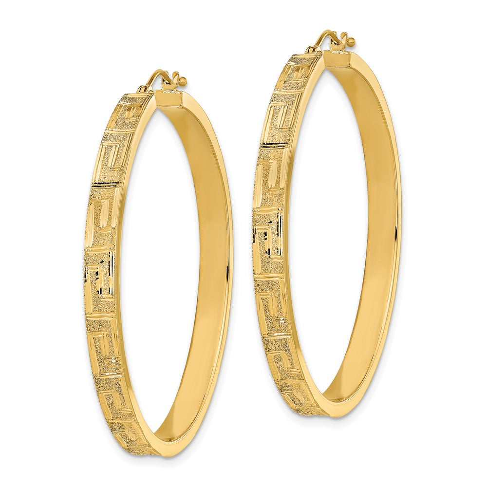 14K Yellow Gold Polished And Satin Greek Pattern Hoop Earrings