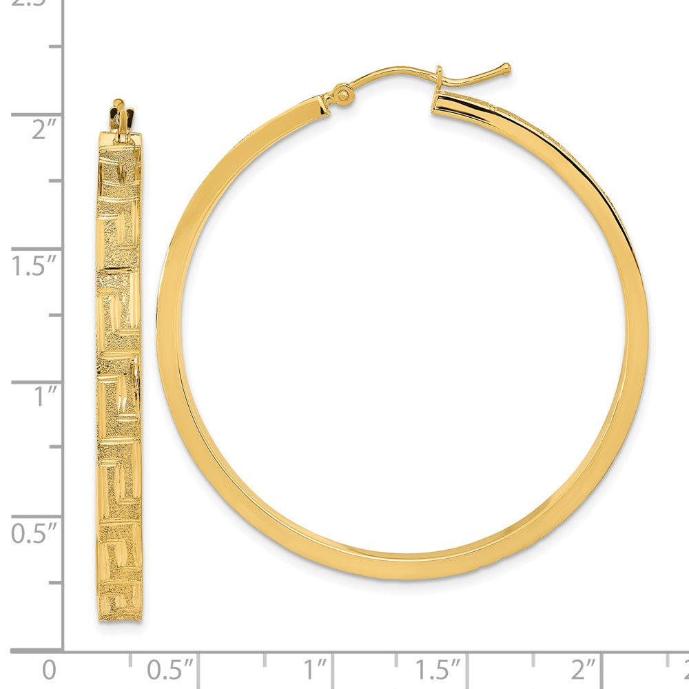 14K Yellow Gold Polished And Satin Greek Pattern Hoop Earrings