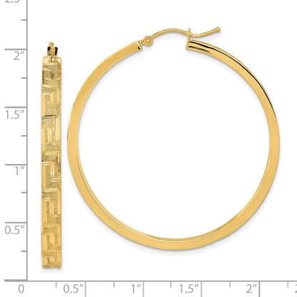 14K Yellow Gold Polished And Satin Greek Pattern Hoop Earrings