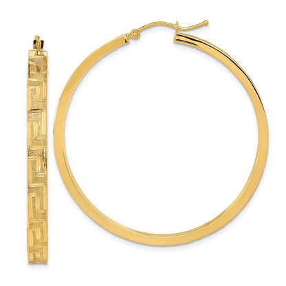 14K Yellow Gold Polished And Satin Greek Pattern Hoop Earrings