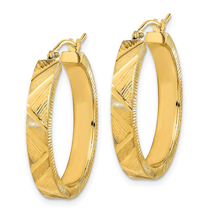 14K Yellow Gold Polished And Brushed Textured Hoop Earrings