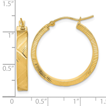 14K Yellow Gold Polished And Brushed Textured Hoop Earrings