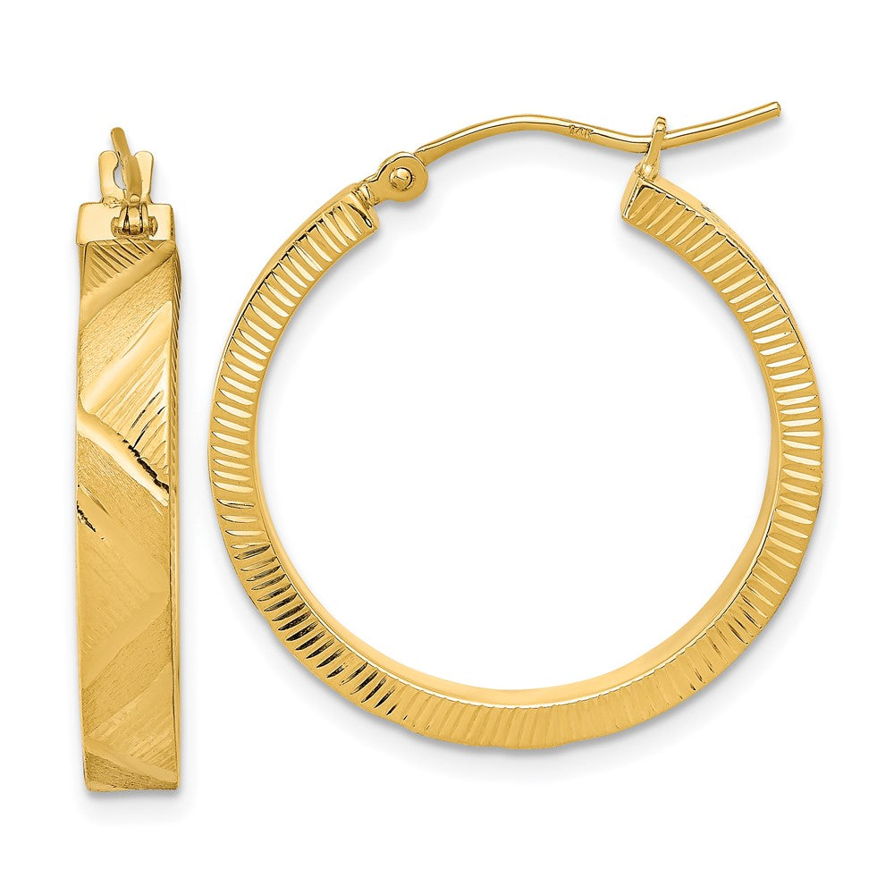 14K Yellow Gold Polished And Brushed Textured Hoop Earrings