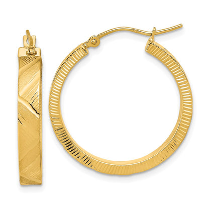 14K Yellow Gold Polished And Brushed Textured Hoop Earrings