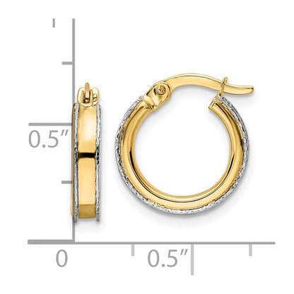 14K Two-Tone Diamond-Cut Edge 3X14mm Round Hoop Earrings