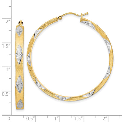 14K Yellow & Rhodium White Polished Satin Diamond-Cut Fancy Hoop Earrings