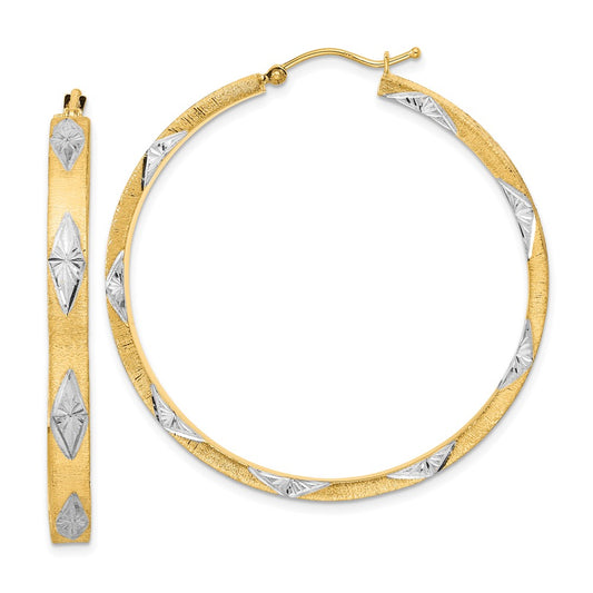 14K Yellow & Rhodium White Polished Satin Diamond-Cut Fancy Hoop Earrings
